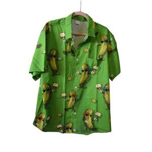 Men’s Pickle Ball Print Button Up Shirt Green Novelty Short Sleeve Size XL New